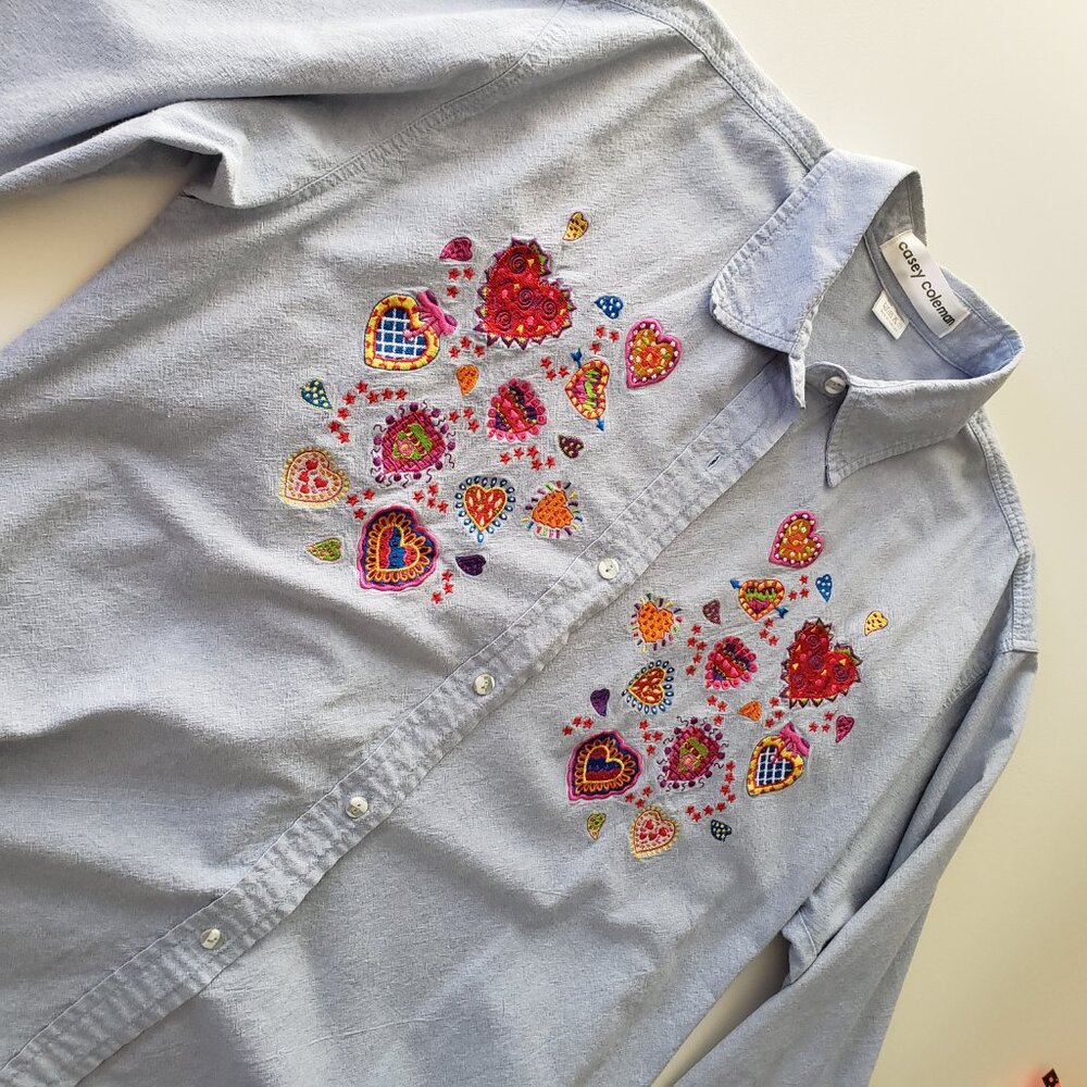 Casey Coleman Size L 100% Cotton Embroidered Hearts Denim Button Down Shirt - Picture 7 of 13